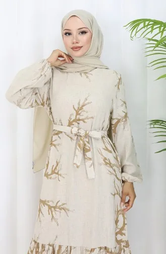 Desenli Kuşaklı Keten Elbise 2087-02 Bej Sütlü kahve