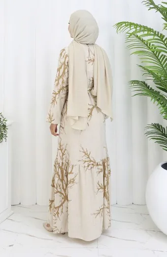 Desenli Kuşaklı Keten Elbise 2087-02 Bej Sütlü kahve