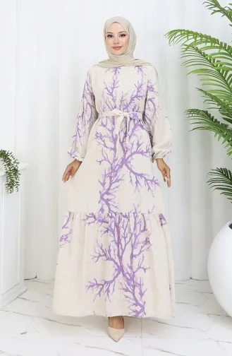 Desenli Kuşaklı Keten Elbise 2087-03 Bej Lila