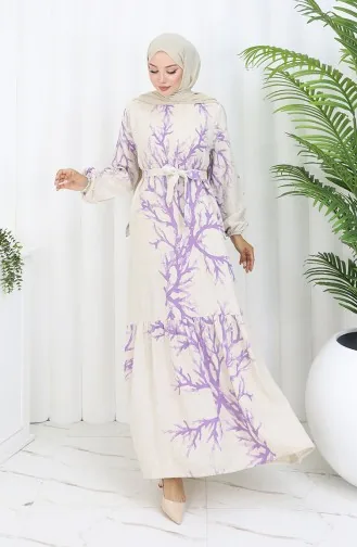 Desenli Kuşaklı Keten Elbise 2087-03 Bej Lila