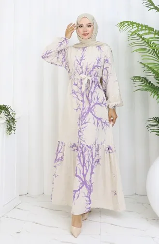 Desenli Kuşaklı Keten Elbise 2087-03 Bej Lila