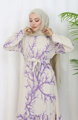 Desenli Kuşaklı Keten Elbise 2087-03 Bej Lila