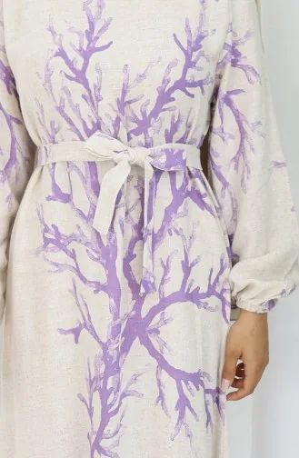 Desenli Kuşaklı Keten Elbise 2087-03 Bej Lila