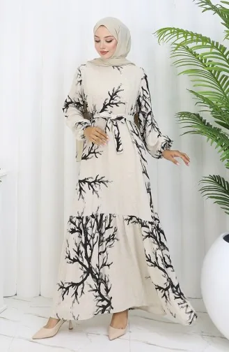 Desenli Kuşaklı Keten Elbise 2087-04 Bej Siyah
