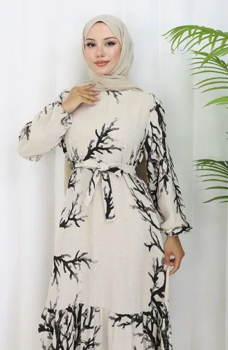 Desenli Kuşaklı Keten Elbise 2087-04 Bej Siyah