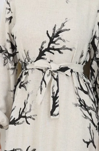 Desenli Kuşaklı Keten Elbise 2087-04 Bej Siyah