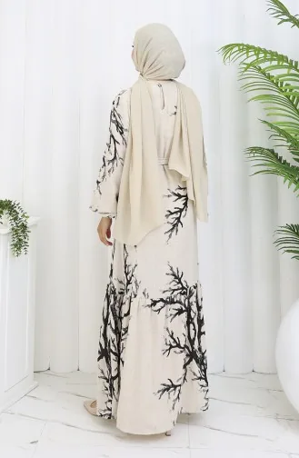 Desenli Kuşaklı Keten Elbise 2087-04 Bej Siyah