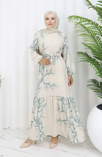 Desenli Kuşaklı Keten Elbise 2087-05 Bej Çağla Yeşil
