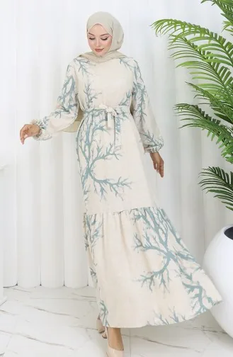 Desenli Kuşaklı Keten Elbise 2087-05 Bej Çağla Yeşil