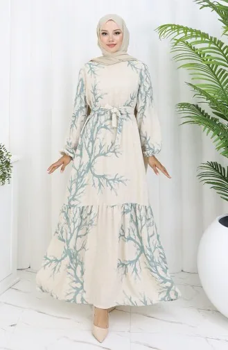 Desenli Kuşaklı Keten Elbise 2087-05 Bej Çağla Yeşil