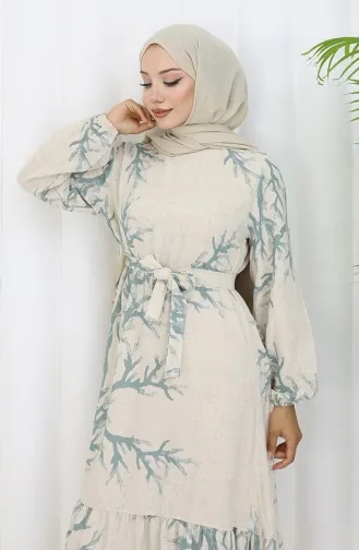 Desenli Kuşaklı Keten Elbise 2087-05 Bej Çağla Yeşil