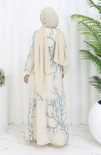 Desenli Kuşaklı Keten Elbise 2087-05 Bej Çağla Yeşil