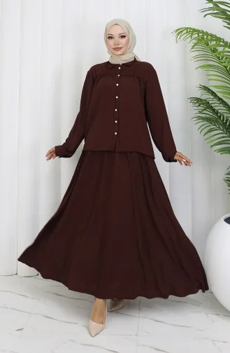 بدلة قميص وتنورة من قماش Aerobin مكونة من قطعتين 2082-01 بني 2082-01