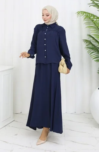 Aerobin Fabric Shirt Skirt Two Piece Suit 2082-06 Navy Blue 2082-06