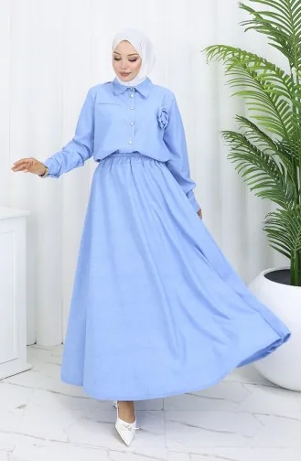 Rose Detailed Shirt Skirt Two Piece Suit 2088-01 Ice Blue 2088-01