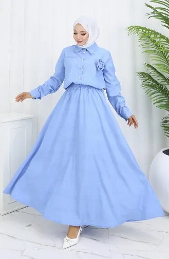 Rose Detailed Shirt Skirt Two Piece Suit 2088-01 Ice Blue 2088-01