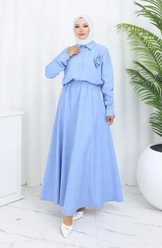 Rose Detailed Shirt Skirt Two Piece Suit 2088-01 Ice Blue 2088-01