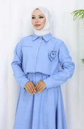 Rose Detailed Shirt Skirt Two Piece Suit 2088-01 Ice Blue 2088-01