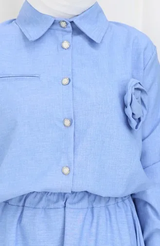 Rose Detailed Shirt Skirt Two Piece Suit 2088-01 Ice Blue 2088-01