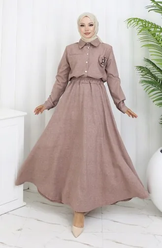 Zweiteiliger Anzug Mit Rosendetail Und Hemdrock 2088-02 Milchkaffee 2088-02