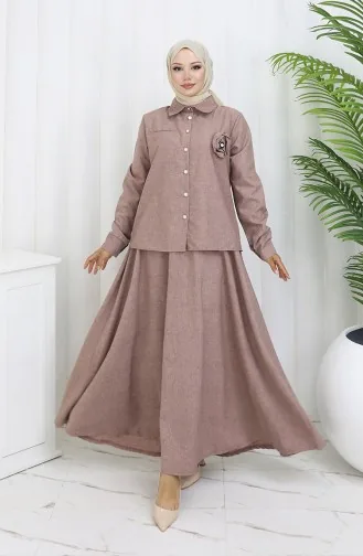 Zweiteiliger Anzug Mit Rosendetail Und Hemdrock 2088-02 Milchkaffee 2088-02