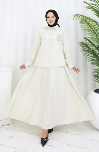 بدلة من قطعتين، قميص وتنورة بتفاصيل وردية، 2088-04 بيج 2088-04