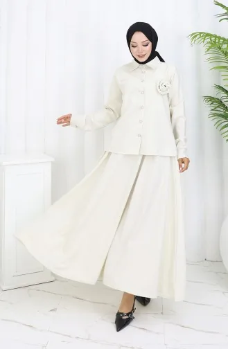 بدلة من قطعتين، قميص وتنورة بتفاصيل وردية، 2088-04 بيج 2088-04