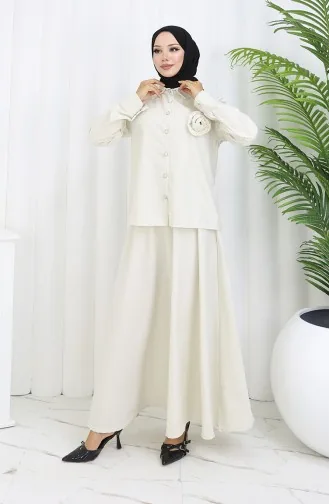 بدلة من قطعتين، قميص وتنورة بتفاصيل وردية، 2088-04 بيج 2088-04