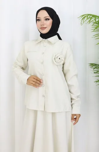 بدلة من قطعتين، قميص وتنورة بتفاصيل وردية، 2088-04 بيج 2088-04