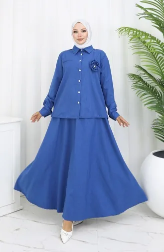 بدلة من قطعتين، قميص وتنورة بتفاصيل وردية، 2088-05، أزرق داكن 2088-05