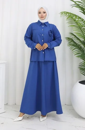 بدلة من قطعتين، قميص وتنورة بتفاصيل وردية، 2088-05، أزرق داكن 2088-05