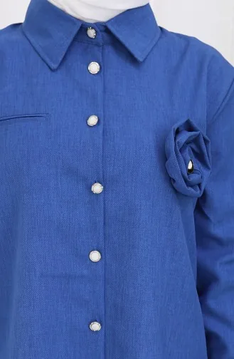 بدلة من قطعتين، قميص وتنورة بتفاصيل وردية، 2088-05، أزرق داكن 2088-05