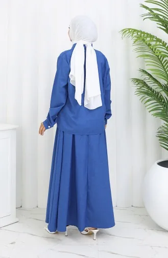 بدلة من قطعتين، قميص وتنورة بتفاصيل وردية، 2088-05، أزرق داكن 2088-05