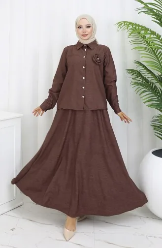 بدلة من قطعتين، قميص وتنورة بتفاصيل وردية، 2088-07، بني 2088-07