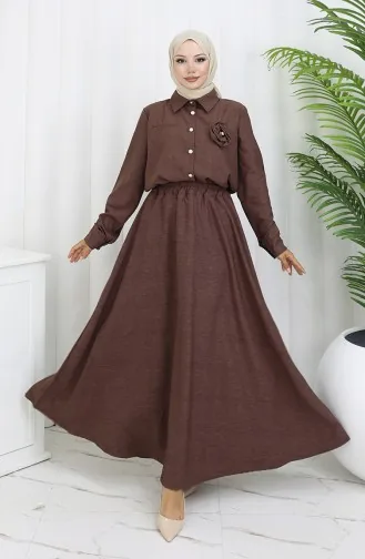 بدلة من قطعتين، قميص وتنورة بتفاصيل وردية، 2088-07، بني 2088-07