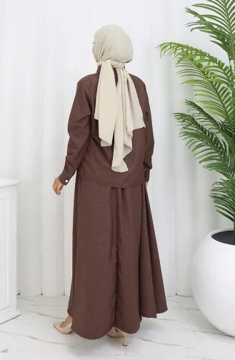 بدلة من قطعتين، قميص وتنورة بتفاصيل وردية، 2088-07، بني 2088-07