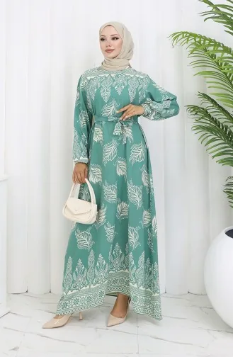 Gemustertes Kleid Mit Gürtel 2092-02 Mandelgrün 2092-02