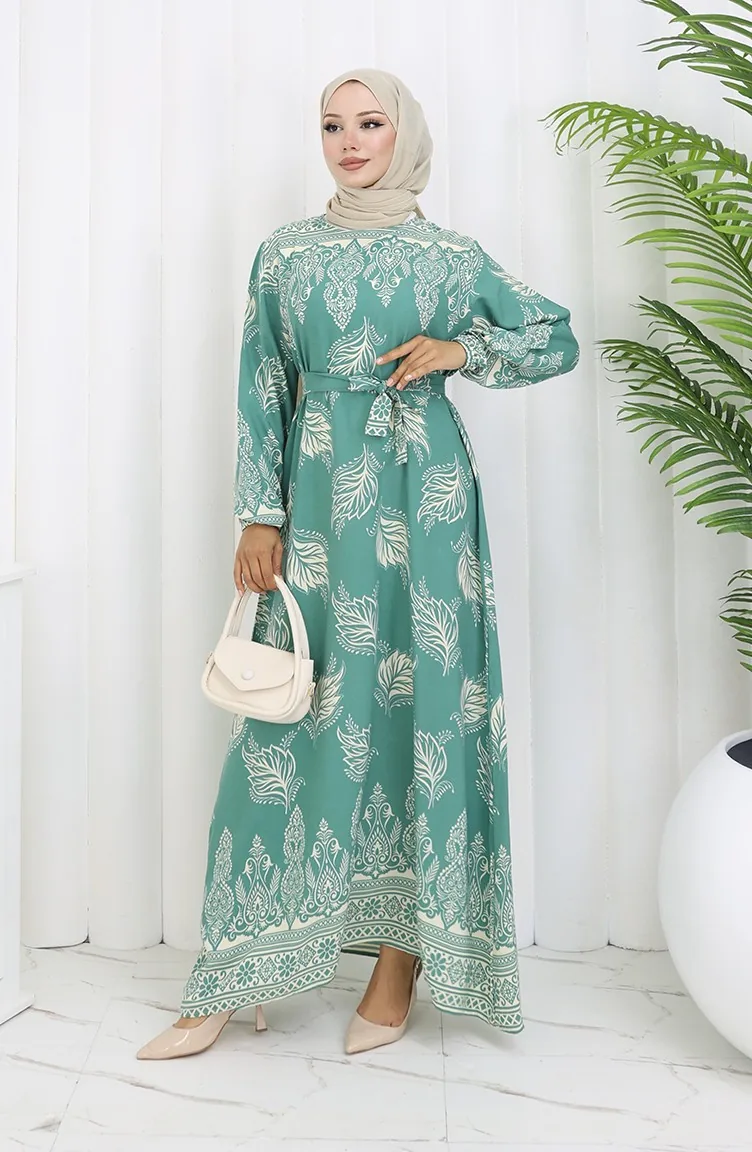 Gemustertes Kleid Mit Gürtel 2092-02 Mandelgrün 2092-02