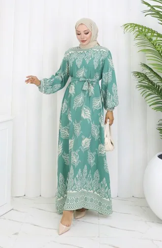 Gemustertes Kleid Mit Gürtel 2092-02 Mandelgrün 2092-02