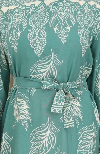 Gemustertes Kleid Mit Gürtel 2092-02 Mandelgrün 2092-02