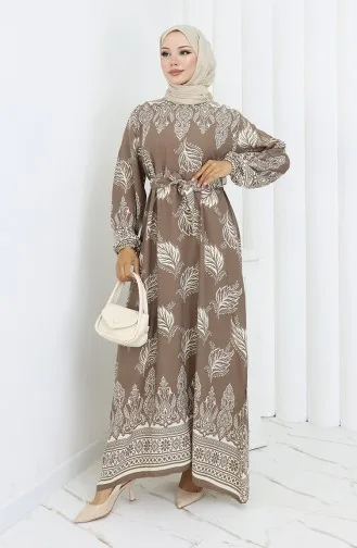 Gemustertes Kleid Mit Gürtel 2092-03 Nerz 2092-03
