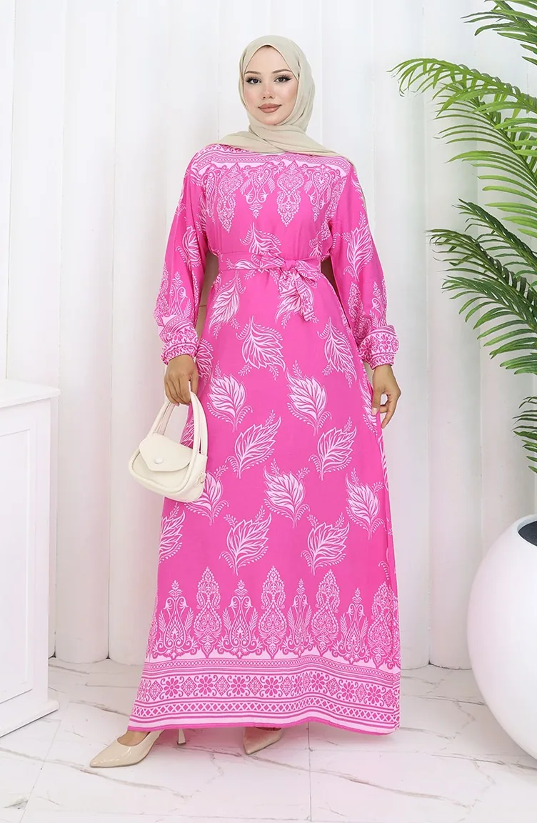 فستان منقوش بحزام 2092-05 وردي 2092-05