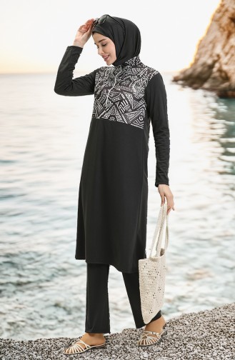 Maillot de Bain Hijab à Motifs 2313-01 Noir 2313-01