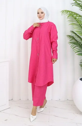 Stoned Tunic Trousers Two Piece Suit 2090-01 Fuchsia 2090-01