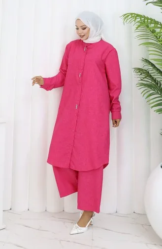 Stoned Tunic Trousers Two Piece Suit 2090-01 Fuchsia 2090-01