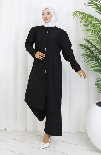 Taşlı Tunik Pantolon İkili Takım 2090-05 Siyah