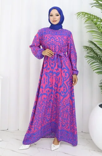 Desenli Kuşaklı Elbise 2091-01 Fuşya Saks