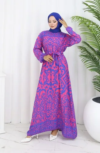 Desenli Kuşaklı Elbise 2091-01 Fuşya Saks