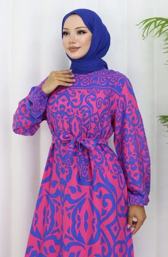 Desenli Kuşaklı Elbise 2091-01 Fuşya Saks
