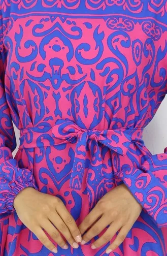 Desenli Kuşaklı Elbise 2091-01 Fuşya Saks